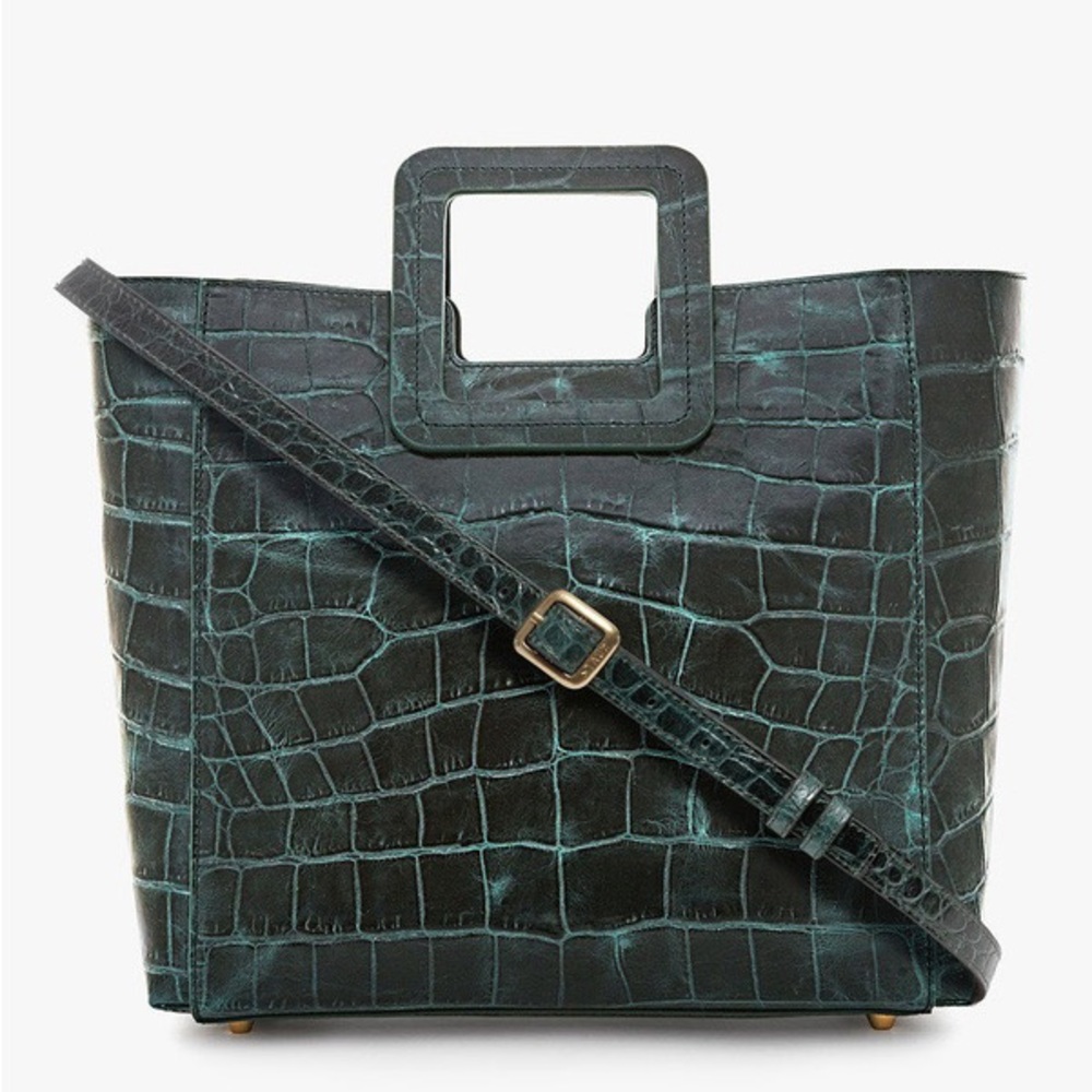 STAUD Croc-Embossed Teal Green Leather Tote with Adjustable Strap